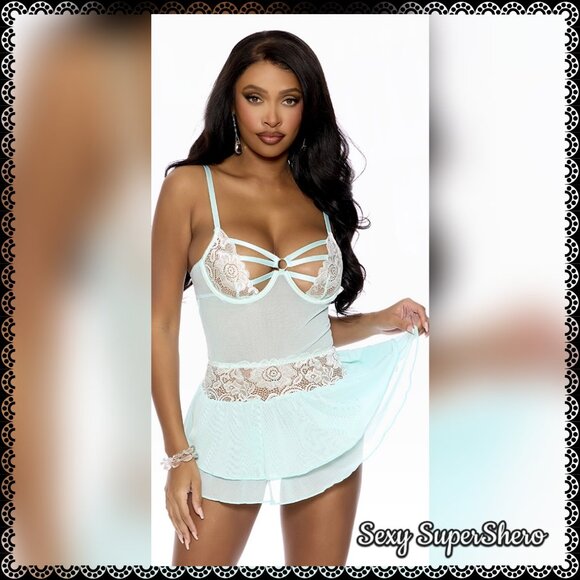 🆕🗽Sexy Scalloped Lace & Mesh Underwire Cami Top and Skirt Lingerie Set - Picture 2 of 4